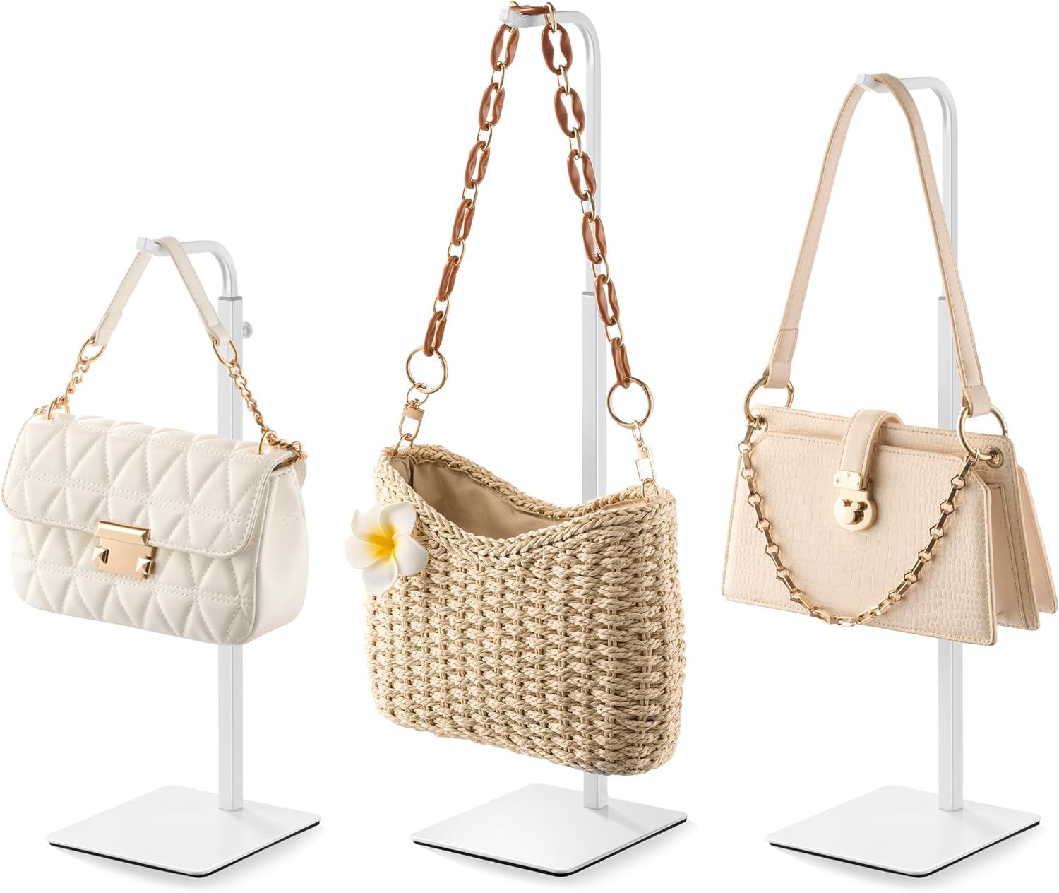 pickpiff 3 Pack Purse Holder Handbag Display Stand (White) – Adjustable Hook for Retail, Tabletop & Home