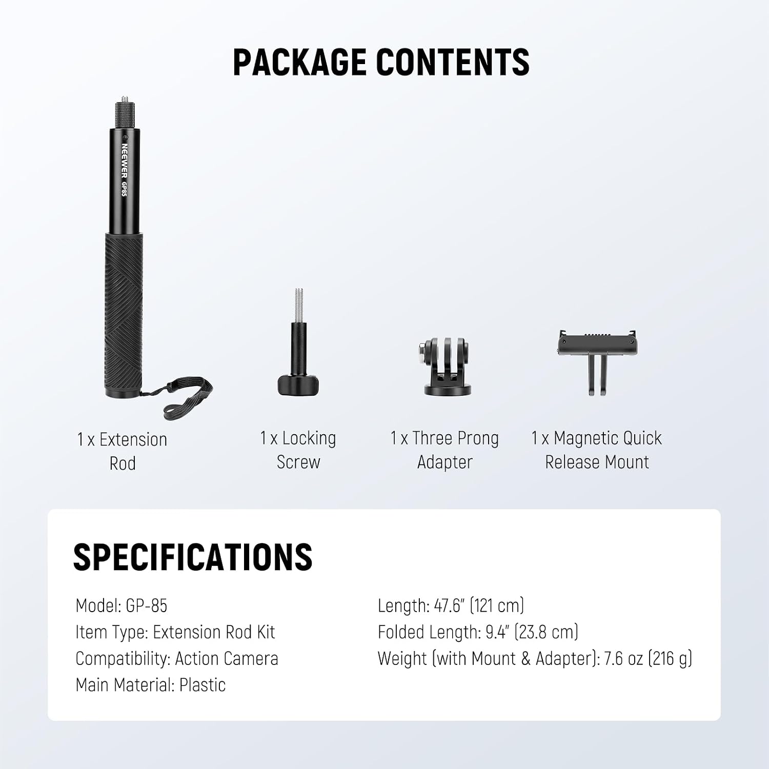 Thumbnail 6 de NEEWER GP-85 Extension Rod Kit: 47.6" invisible selfie stick for action cameras with quick release mount
