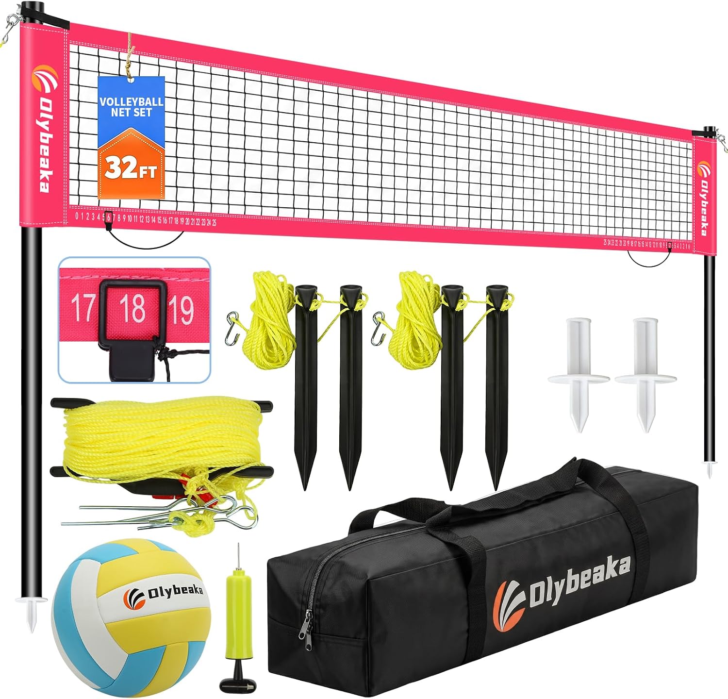 Detalle de Olybeaka 32FT Portable Volleyball Net Set, 4 Heights, Pink