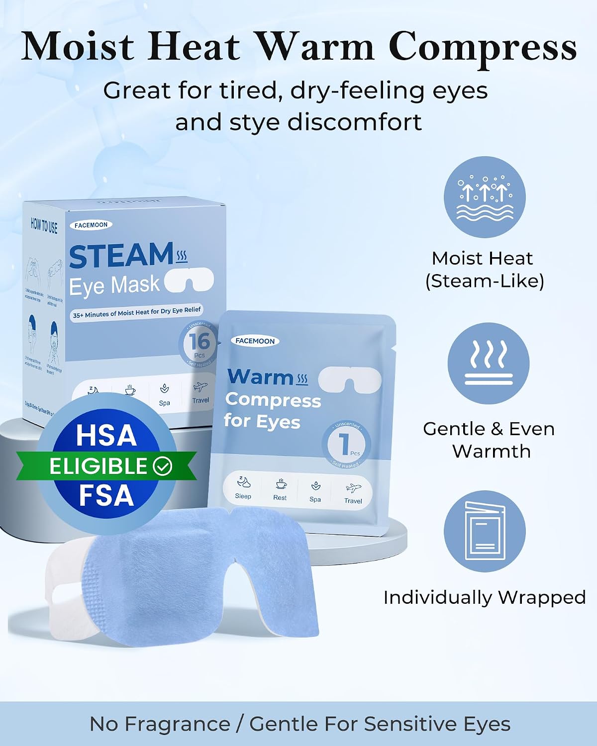 Detalle de 16 Pack Steam Eye Mask for Dry Eyes — Self-Heating Warm Compress (FSA/HSA Eligible), Disposable, No Microwave, Unscented