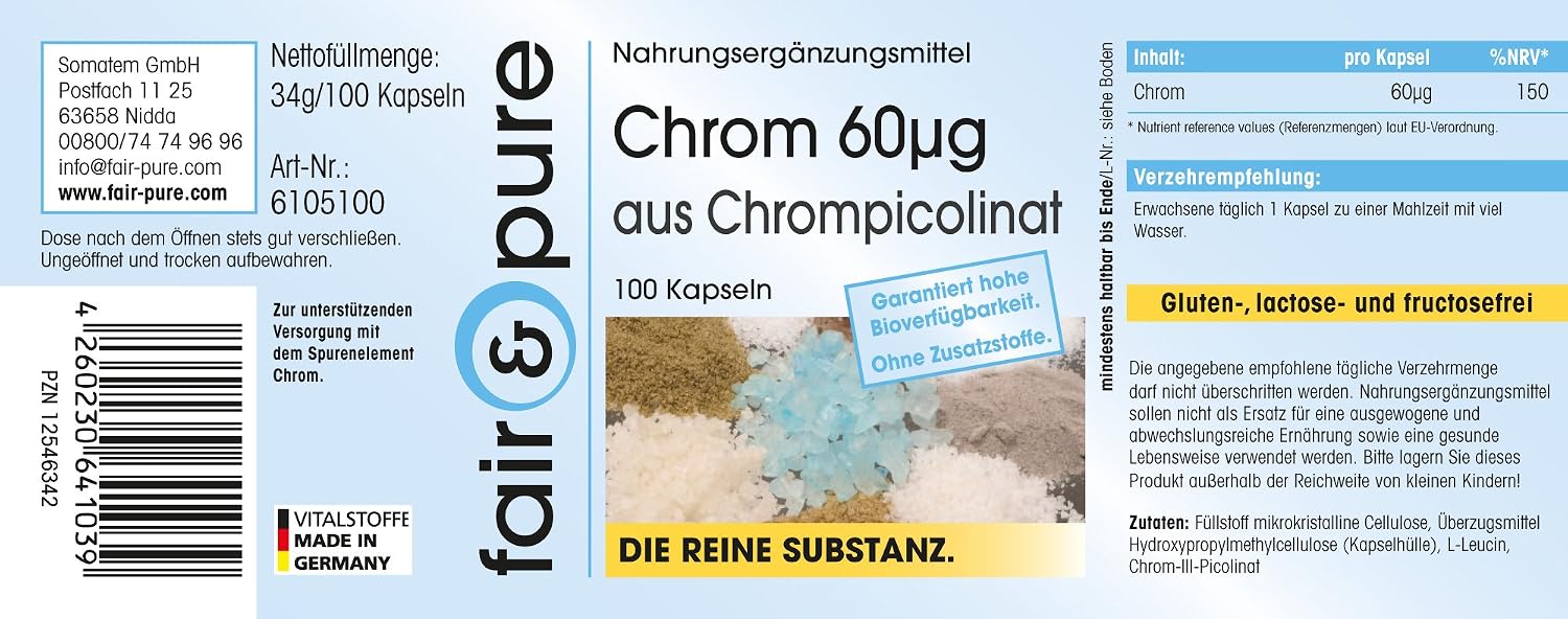Detalle de Fair & Pure Chrom 60 µg aus Chrompicolinat – 100 Kapseln, vegan, schluckfreundlich, hergestellt in Deutschland