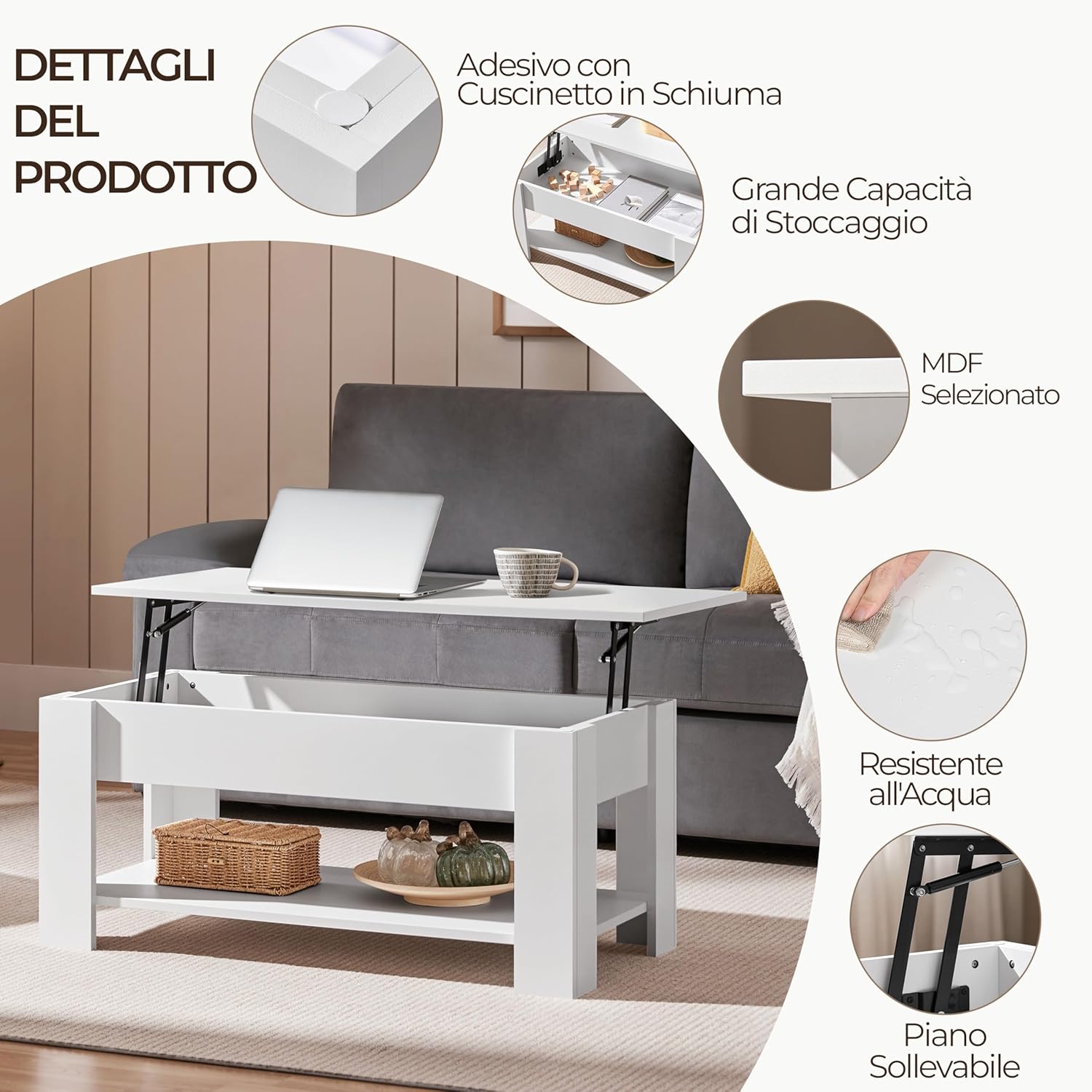 Thumbnail 3 de Yaheetech Tavolino da caffè sollevabile elevabile con ripiano inferiore 98 x 50 x 42-56 cm, bianco