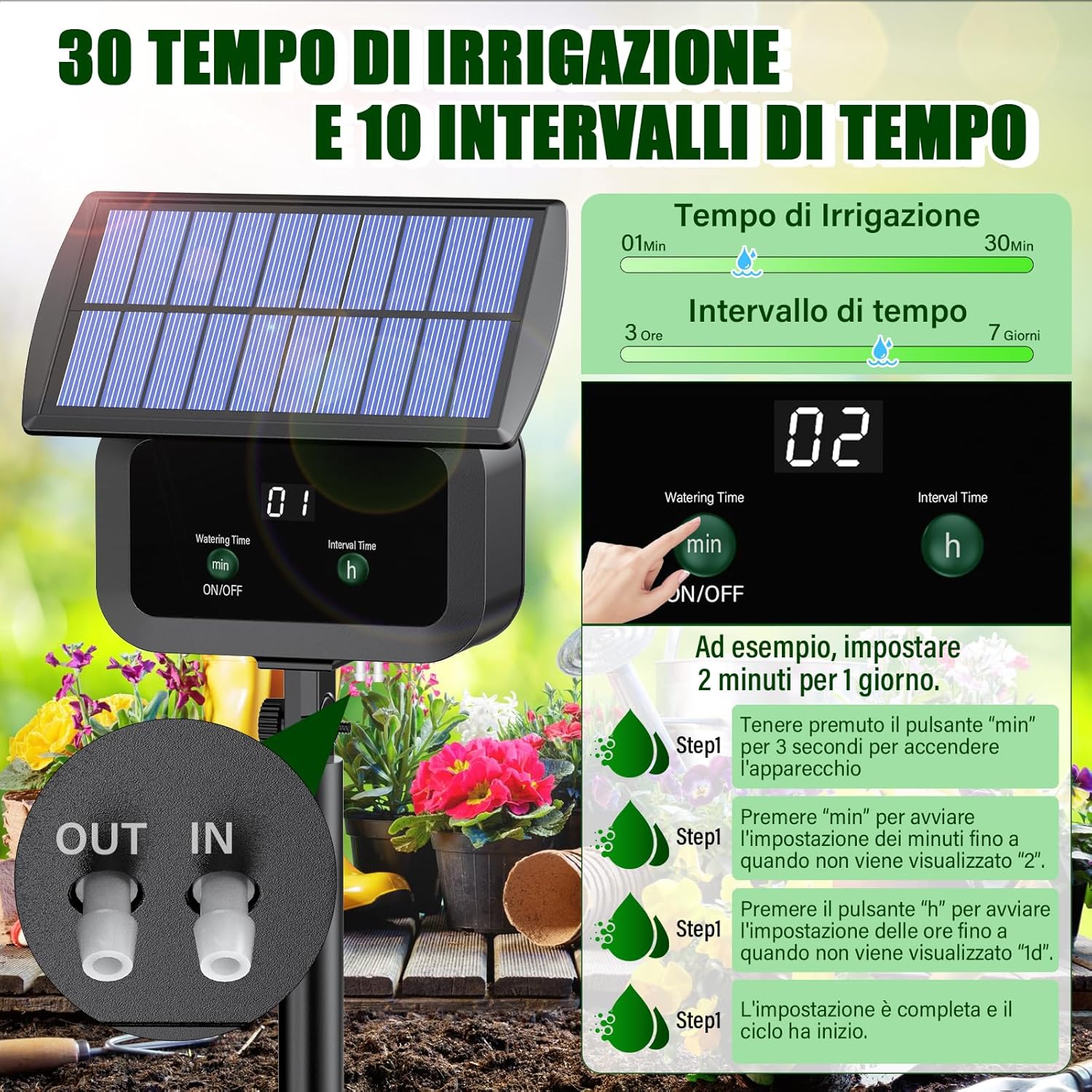 Detalle 2 de Kit di Irrigazione Automatica Solar: irrigazione a tempo per piante in foto, balcone e giardino