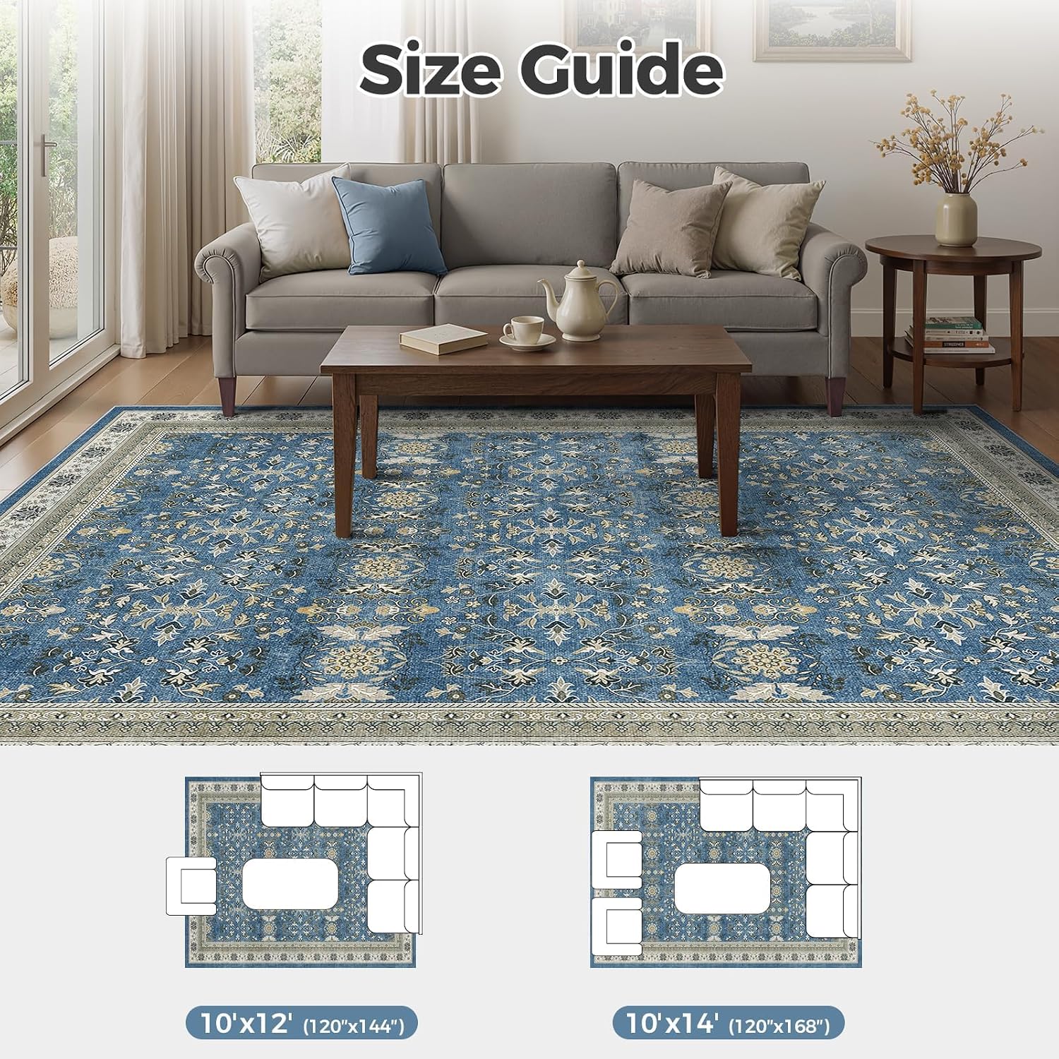 Thumbnail 6 de WITSHOCK 10' x 12' Washable Blue Vintage Area Rug, Low-Pile and Non-Slip