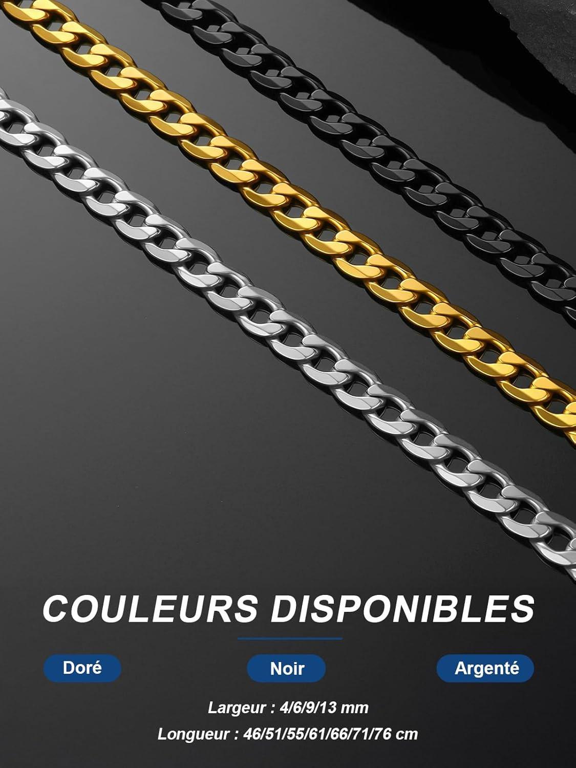 Thumbnail 6 de ChainsPro Chaîne cubaine en acier inoxydable 316L (4/6/9/13 mm) Argent/Noir/Or – collier hip-hop homme, coffret cadeau