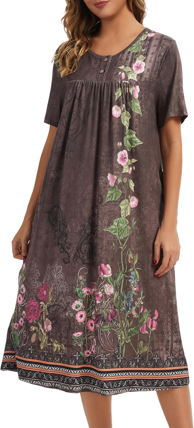 Detalle de Lerliacr Women's Floral Nightgown – Loose Fit Sleep Dress with Pockets