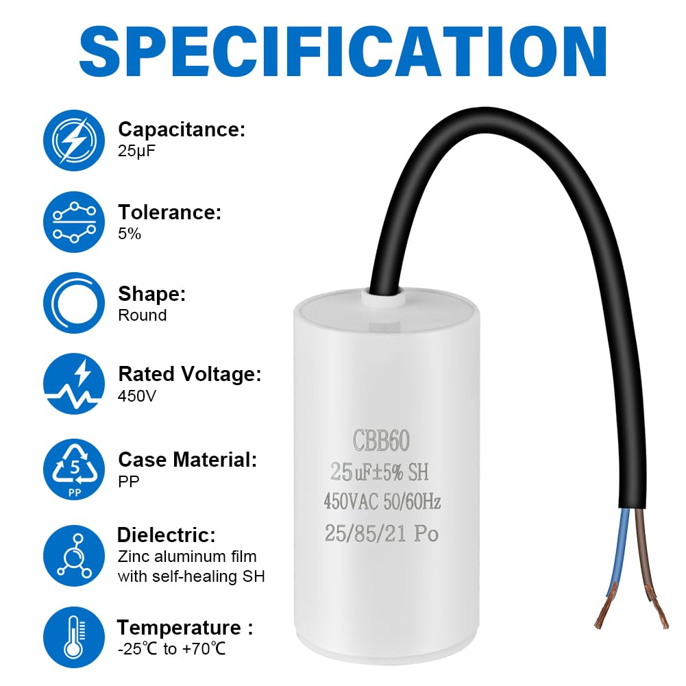 Detalle de OFFCUP CBB60 motorkondensator 25 μF, 450 V AC med anslutningskablar