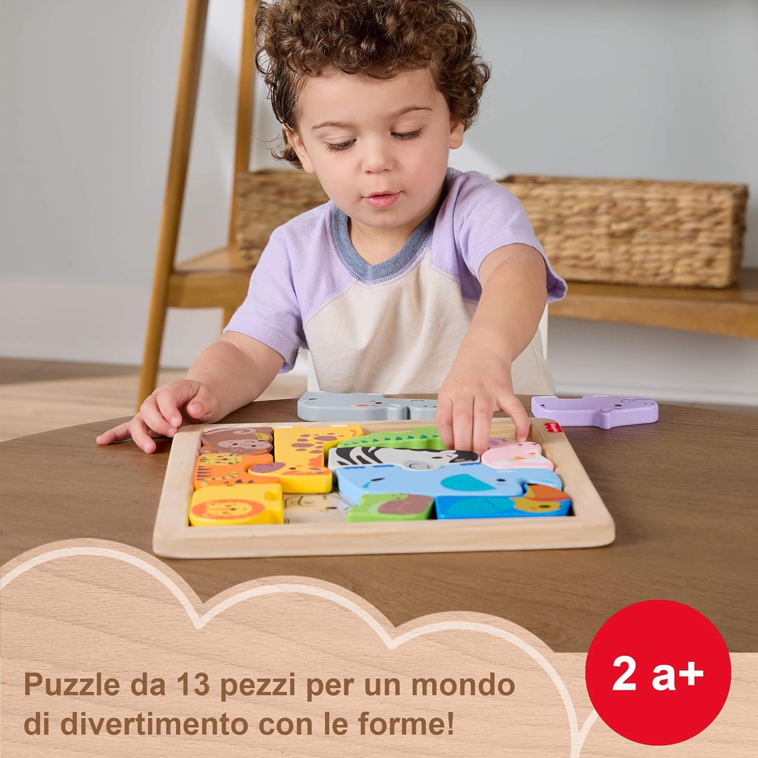 Detalle de Fisher-Price Puzzle Animali in Legno: set cercaforme con 12 blocchi a forma di animali e vassoio con linee guida