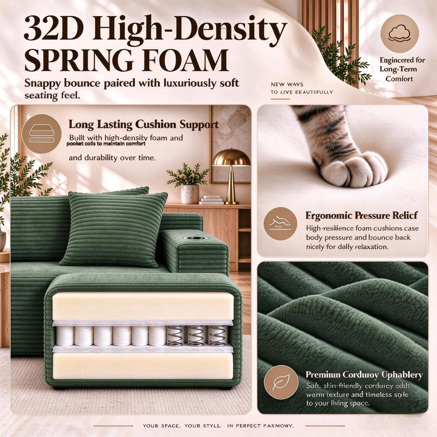 Detalle de Yomsum SF2650-Green134 134-Inch U-Shaped Modular Sectional Sofa