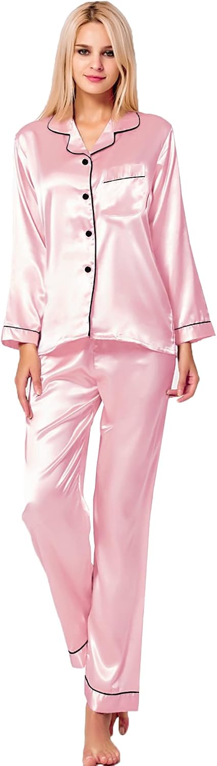 Detalle de SWOMOG Women's Silk Satin Long Sleeve Two-Piece Pyjama Set