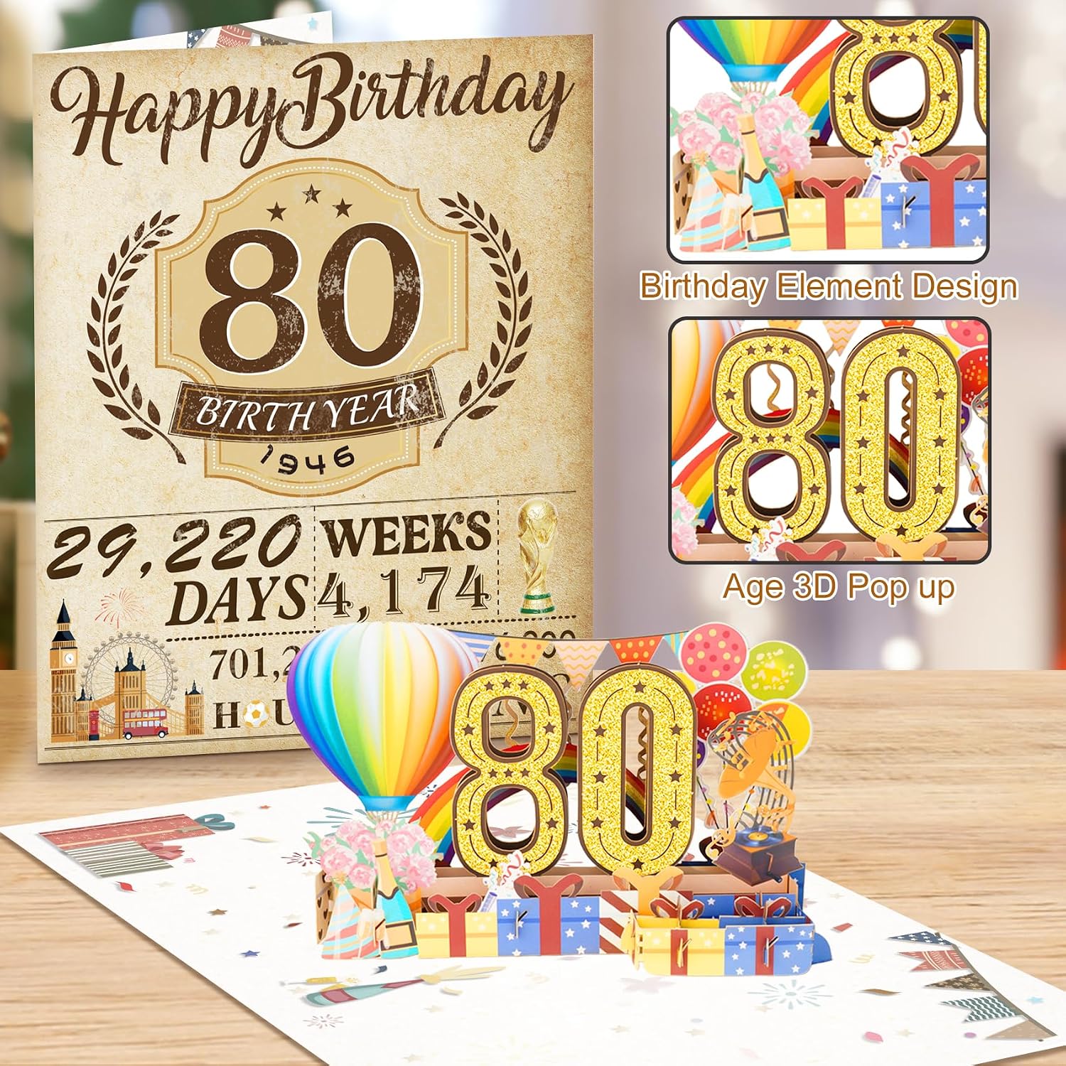 Detalle 2 de 80th Birthday 3D Pop Up Greeting Card (Born in 1946) with Envelope
