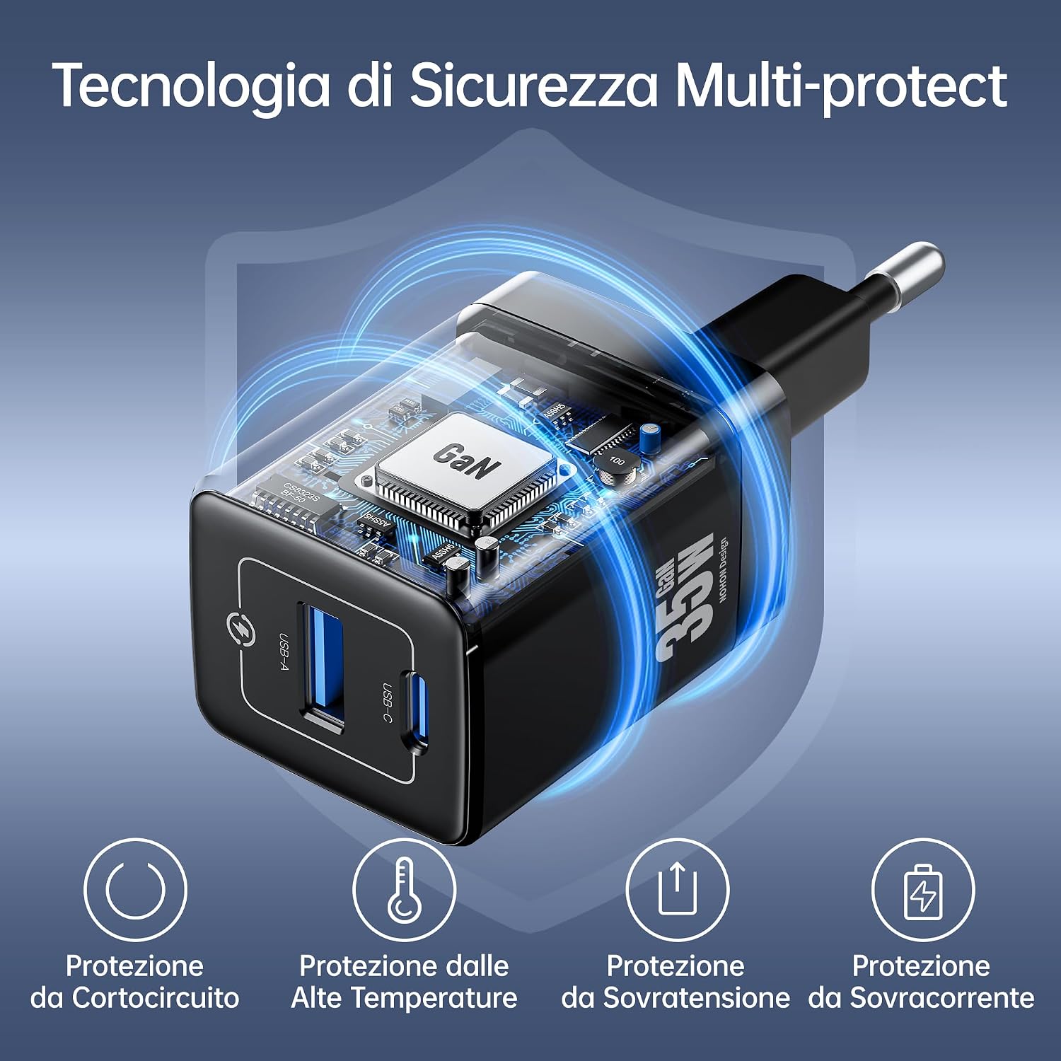 Detalle de NOHON Caricatore USB-C 35W GaN con doppia porta (USB-C + USB-A) e cavo 1 m, PD 3.0