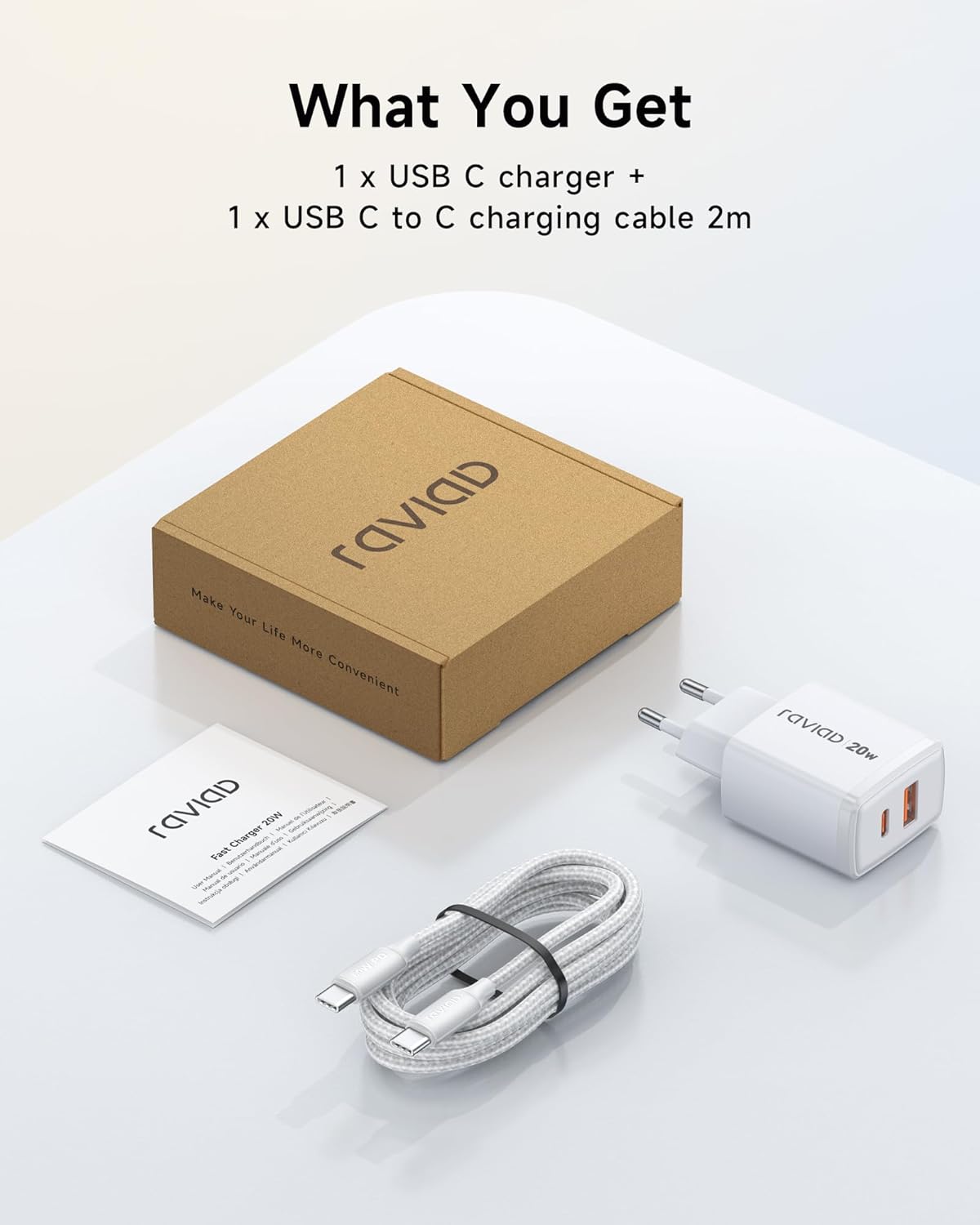Thumbnail 5 de RAVIAD 20W USB-C Ladegerät mit 2-Port (USB-C + USB-A) und 2 m USB-C Kabel