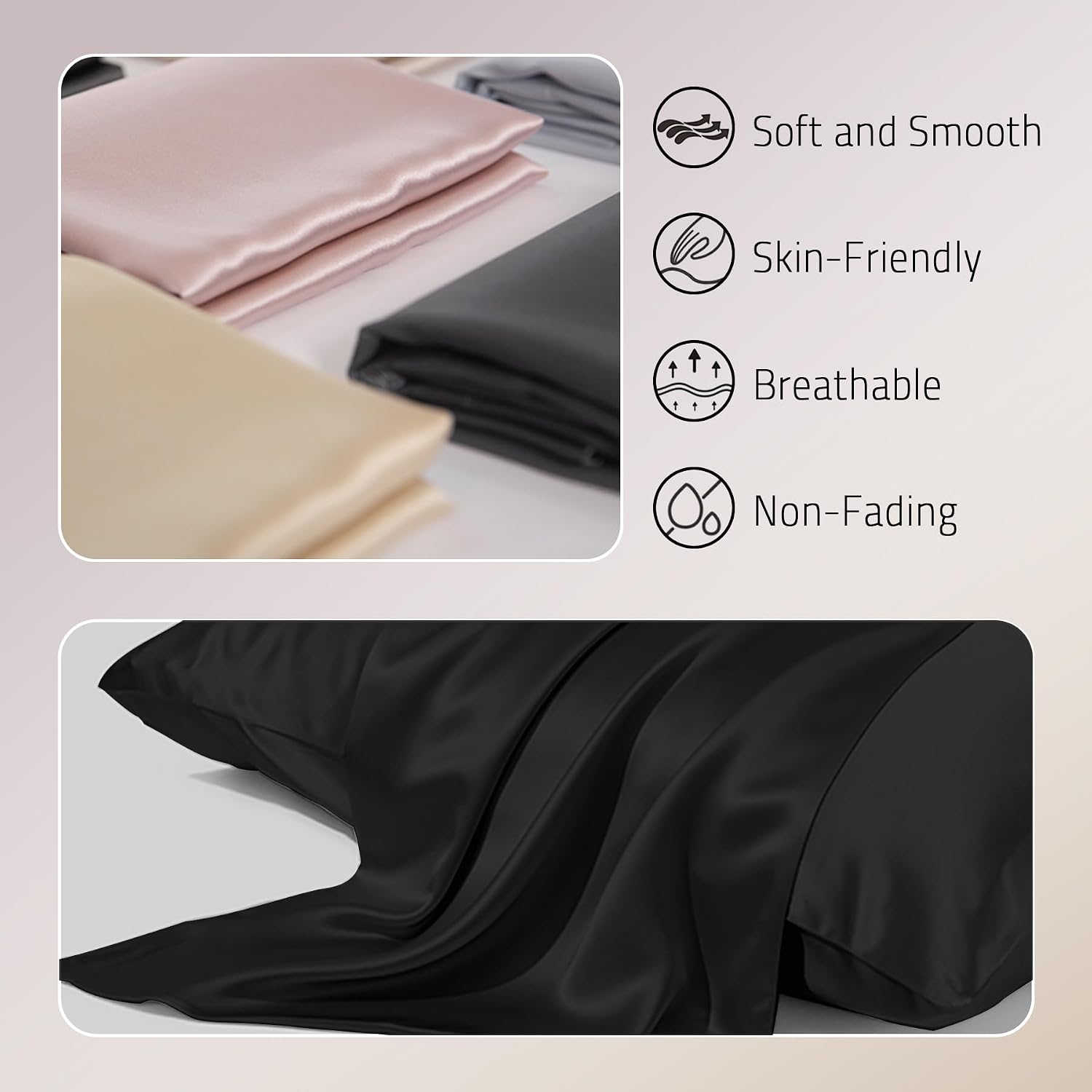 Detalle de Gabire Mulberry Silk Pillow Cases (Set of 2) with Hidden Zipper, Black, Standard 20"×26
