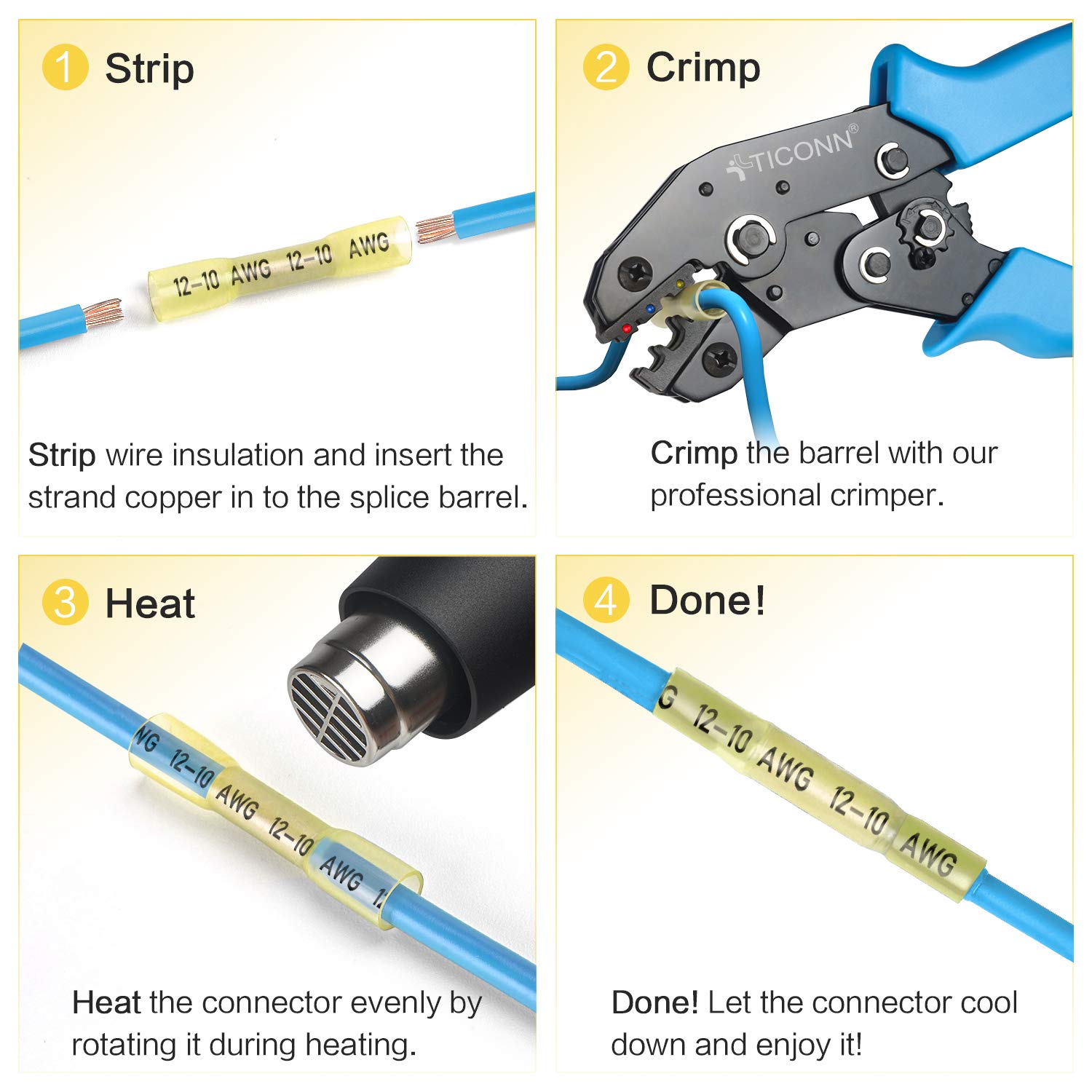 Detalle 2 de TICONN TICONN - 067 Heat Shrink Butt Connectors, Yellow, 12–10 AWG, 120-Pack