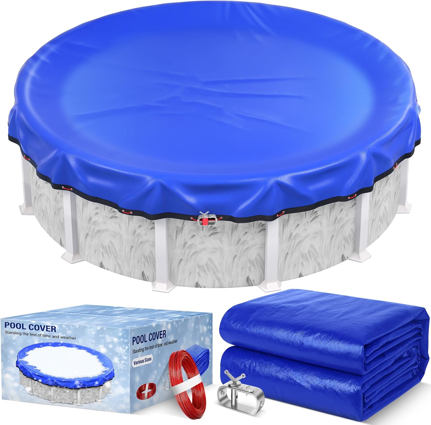 Detalle de TIXANF T-PC-28 24-Foot Round Winter Pool Cover, Blue, with Winch and Cable