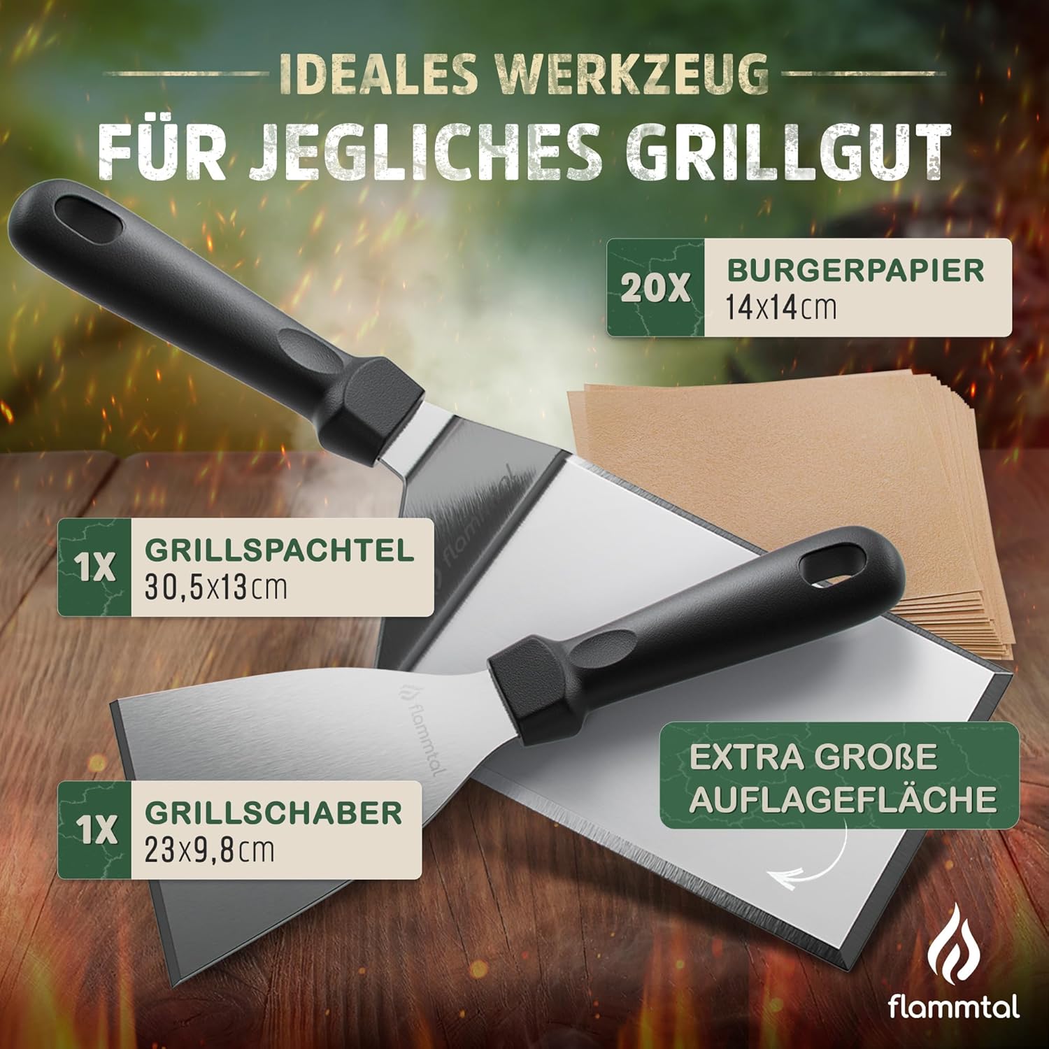 Thumbnail 4 de flammtal [Das Original] Smash Burger Set – 20 Burgerpapiere, Edelstahl-Spachtel & Plancha-Accessoire