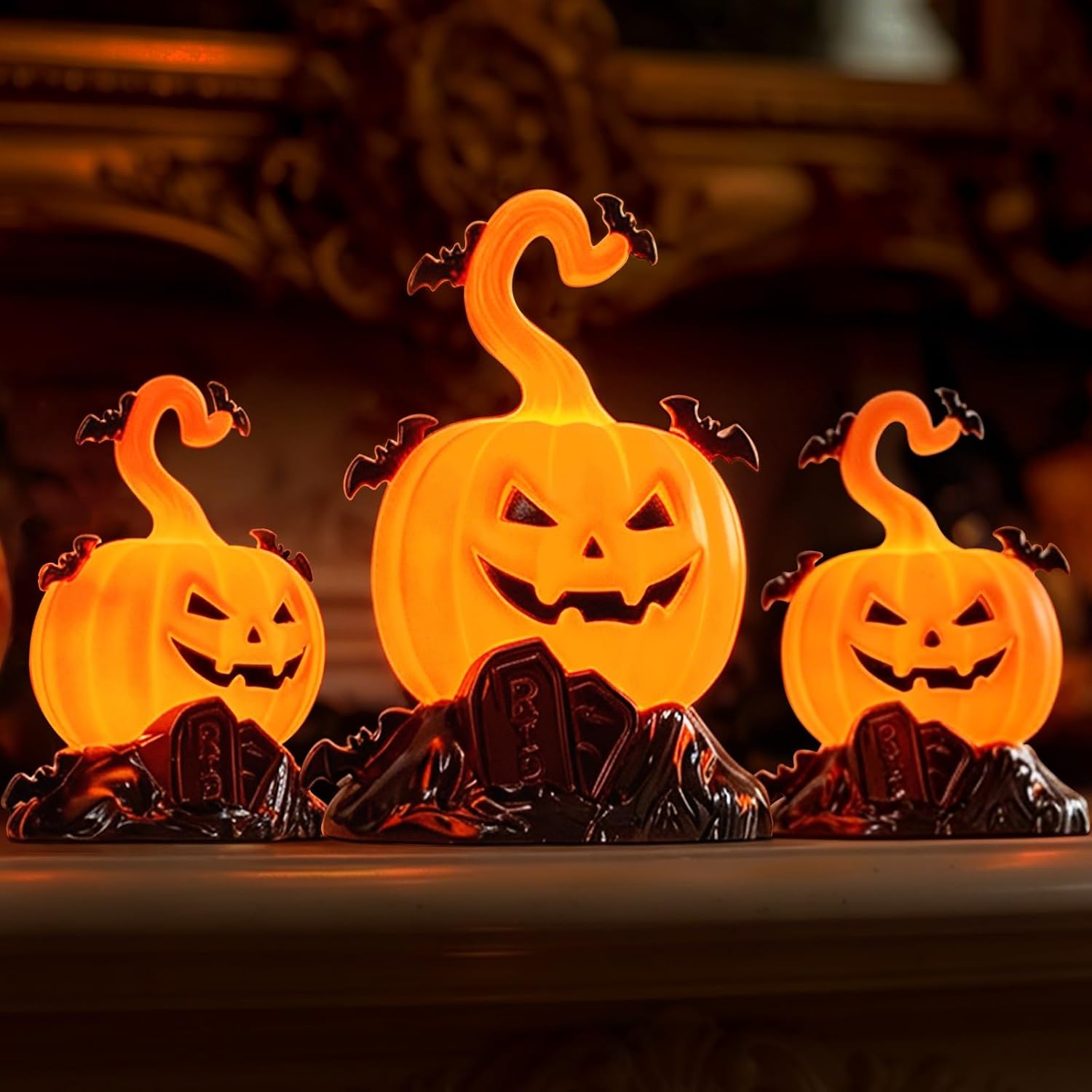 Detalle de Bopertrove Kürbis-01 Halloween-pompoenlampjes, 3-delige LED-set op batterijen