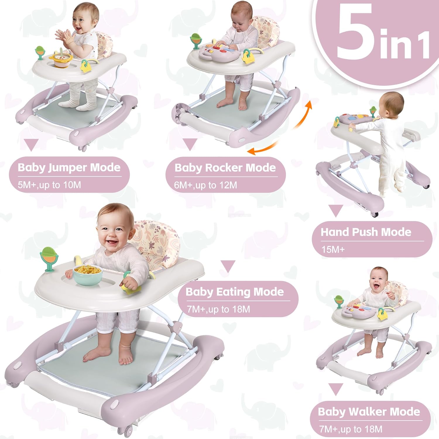 Thumbnail 1 de Foldable Baby 5-in-1 Activity Walker (Purple) with Adjustable Height, Music & Toys