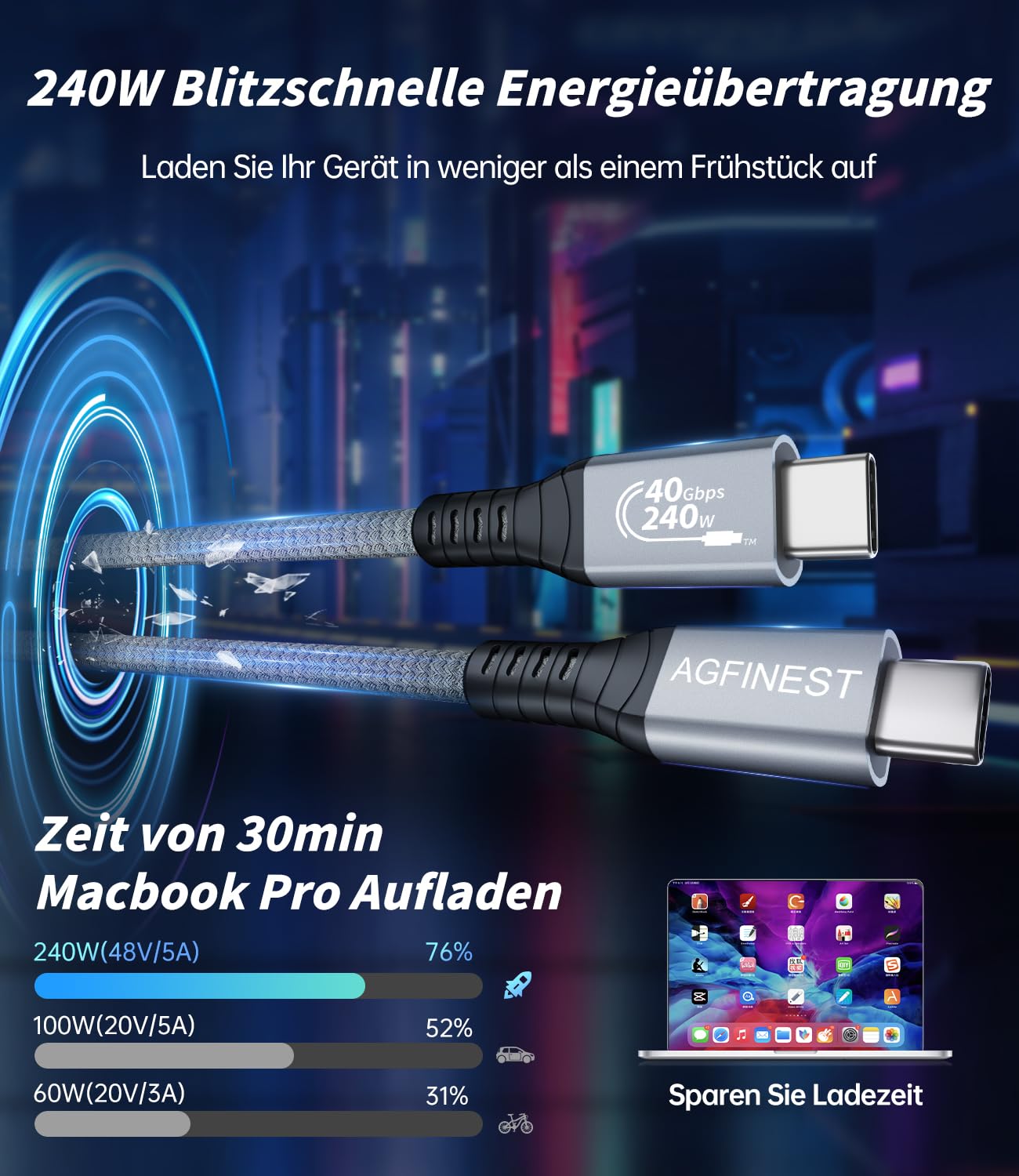 Thumbnail 3 de AGFINEST 240W USB4 Kabel: Thunderbolt 4 kompatibles USB-C Kabel für 8K/4K-Displays und Power Delivery 240 W