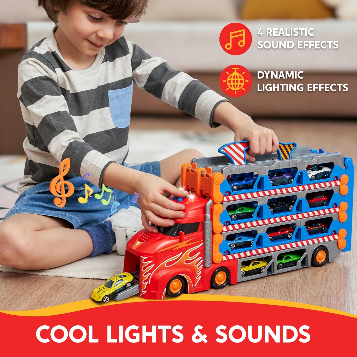Detalle 2 de SYNCFUN Transport Race Truck Toy Cars – 8-Foot Foldable 3-Layer Race Track Set with 12 Cars, Lights & Sounds