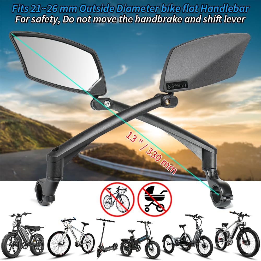 Thumbnail 1 de BriskMore Handlebar Bike Mirror – Crystal Clear 360° Adjustable HD Glass, 13" Arm, Shatterproof Convex Lens