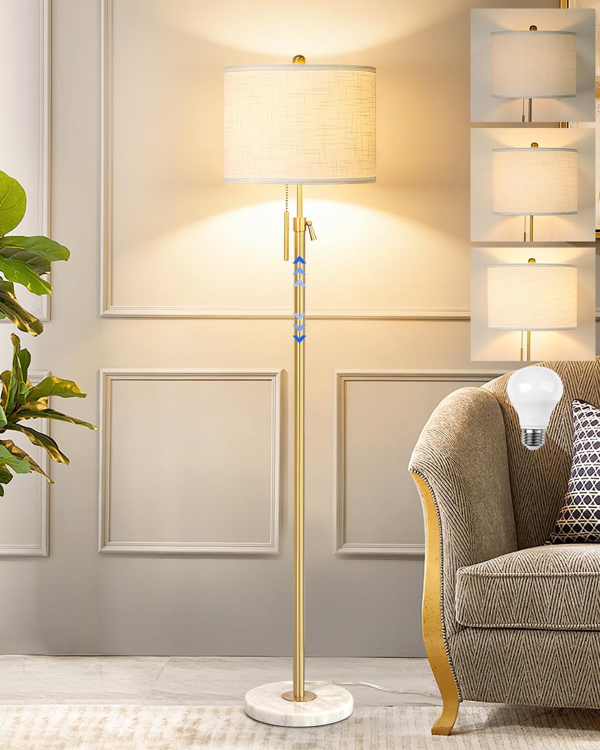 Thumbnail 6 de Qingmiao Stehlampe Wohnzimmer Modern mit Leinen-Lampenschirm, höhenverstellbar 140–168 cm, E27, 3 Farbtemperaturen (3000–6000K) – Silber