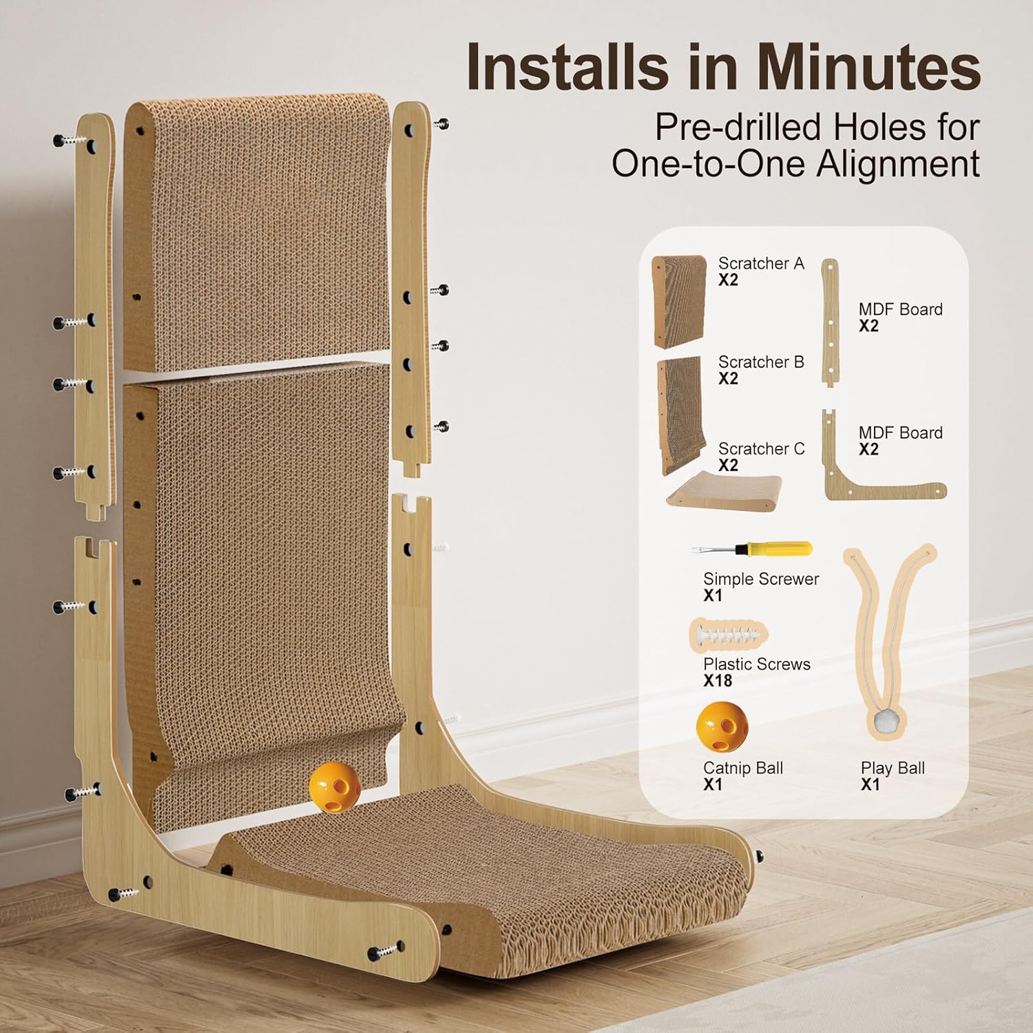 Thumbnail 6 de Gimars griffoir pour chat en carton ondulé en forme de L (68 cm) avec boules en peluche