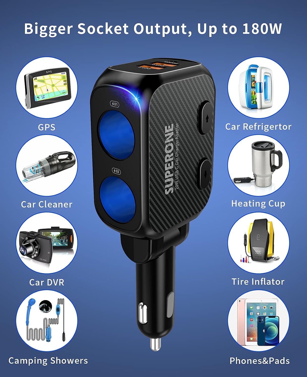 Thumbnail 2 de SUPERONE 180W Cigarette Lighter Splitter with 20W PD and 2 Sockets