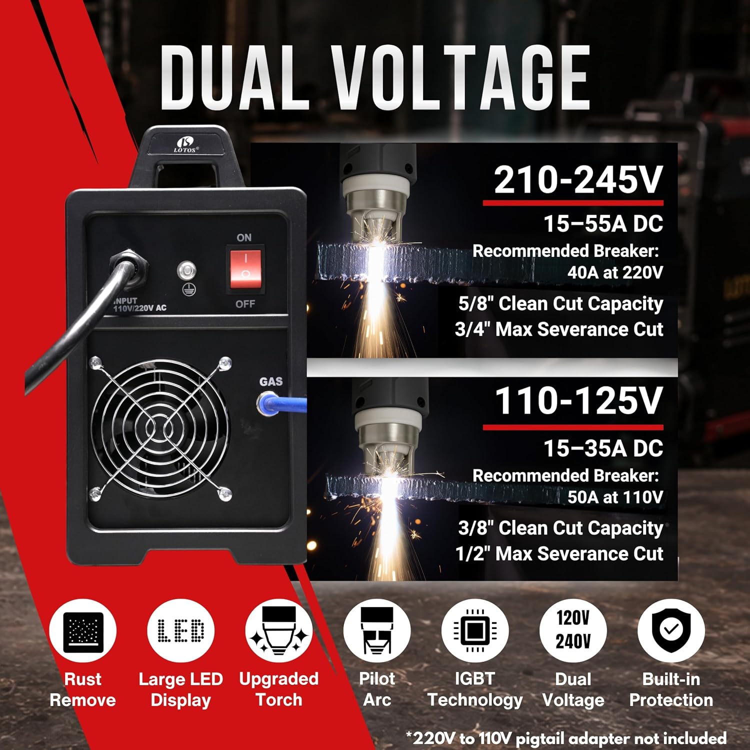 Detalle de LOTOS LTP5505D 55A Pilot Arc Plasma Cutter with Rust Removal Mode — 5/8-Inch Clean Cuts, Dual-Voltage Portable Inverter