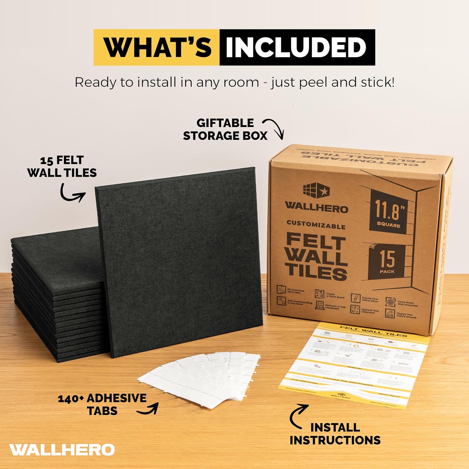 Thumbnail 2 de WallHero 15x_12inch Felt Wall Tiles, Black, Up to 59" x 35.4