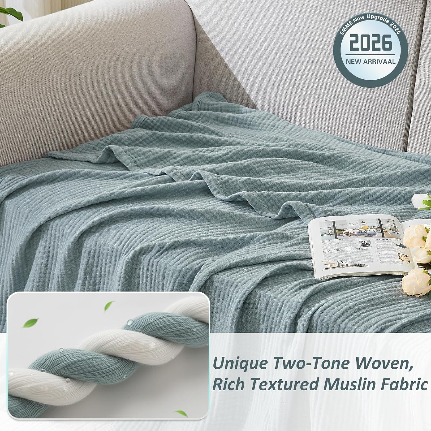 Detalle 2 de EMME Muslin-EMC4CR7N6 Cotton Muslin Blanket, Queen 90" x 90", Heather Teal