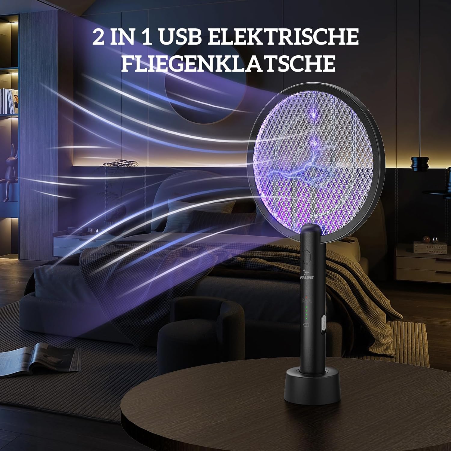 Detalle de PALONE Elektrische Fliegenklatsche 4000V – Wiederaufladbar, 2‑in‑1 Insektenvernichter mit UV-Lampe
