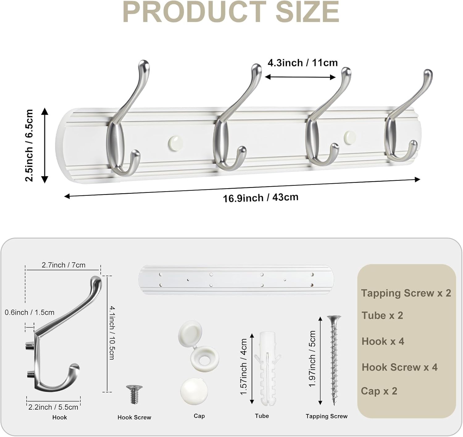 Thumbnail 1 de Yundoza Coat Hooks Wall Mount – Wood Bamboo with 4 Zinc Alloy Hooks (White & Brushed Nickel)