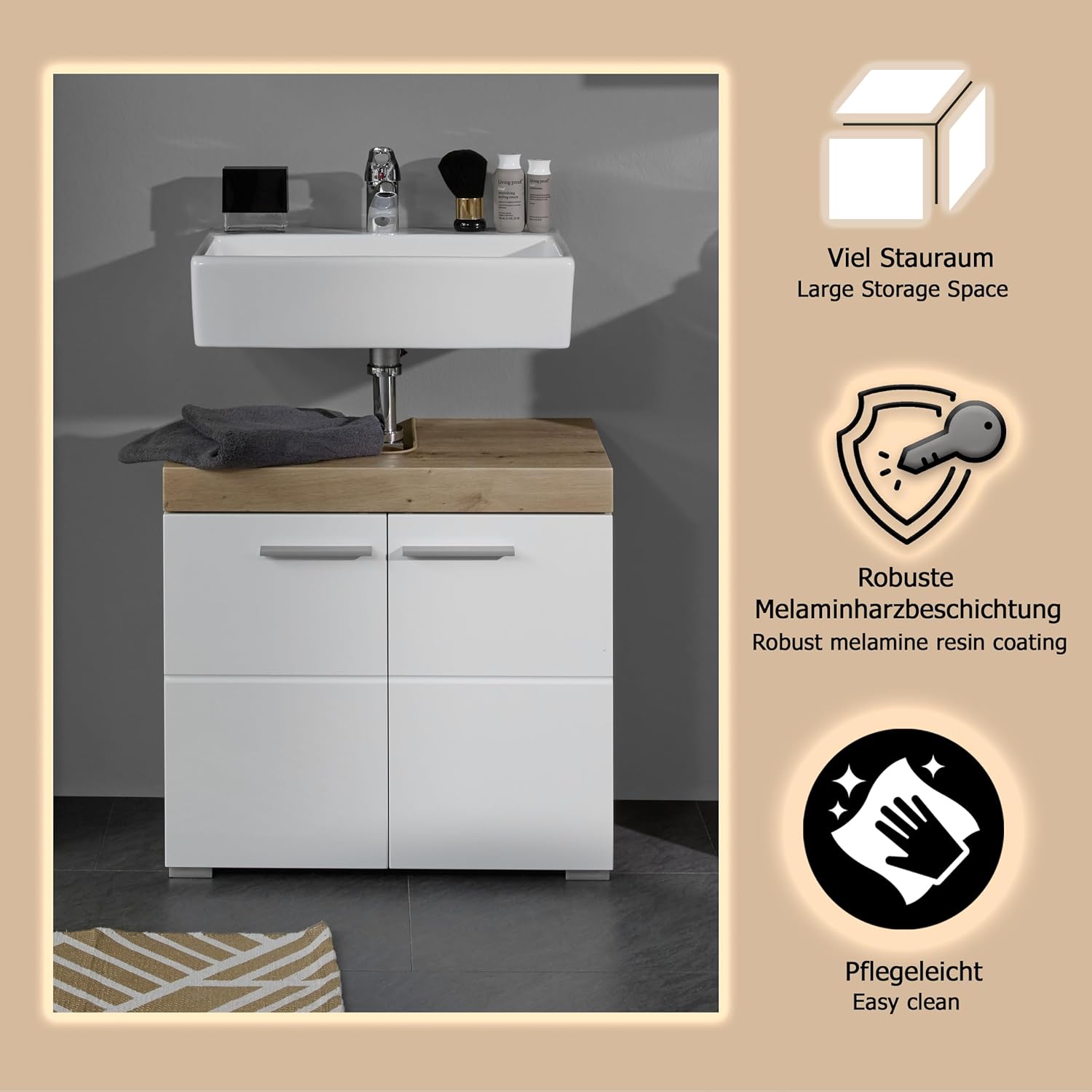 Thumbnail 6 de trendteam smart living „Amanda“ Waschbeckenunterschrank in Weiß/Weiß Hochglanz mit Asteiche-Optik, 60 x 56 x 34 cm