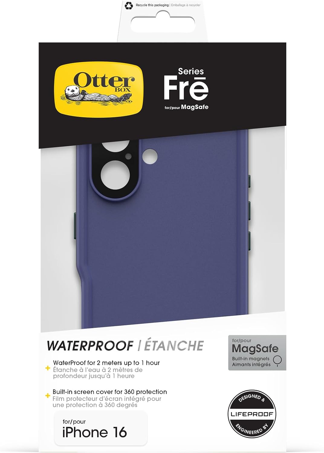Detalle 2 de OtterBox Frē Series MagSafe per iPhone 16 – Viola: protezione totale con cover integrata e cuore ecologico