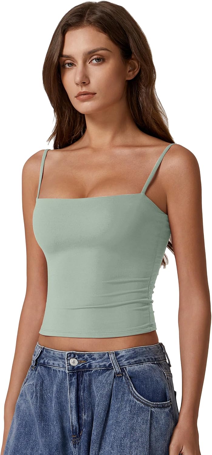 Detalle de QINSEN Women's Double Lined Basic Tank Top with Adjustable Spaghetti Straps
