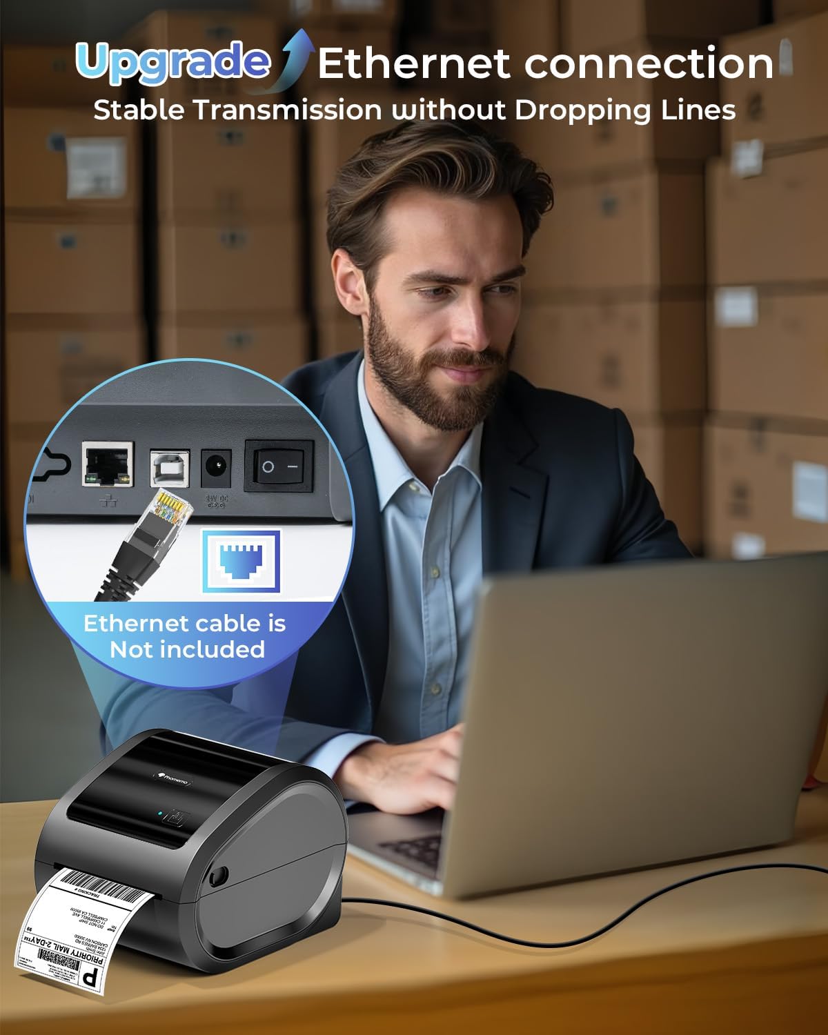 Detalle de Phomemo Ethernet Shipping Label Printer D530pro: A pragmatic, connected solution for business label tasks