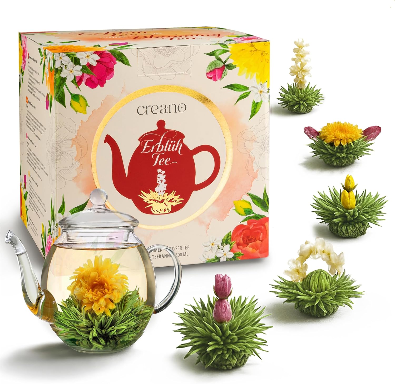Creano Set Regalo Fiori di Tè “Flower Design” con teiera in vetro da 500 ml e 6 tè bianco