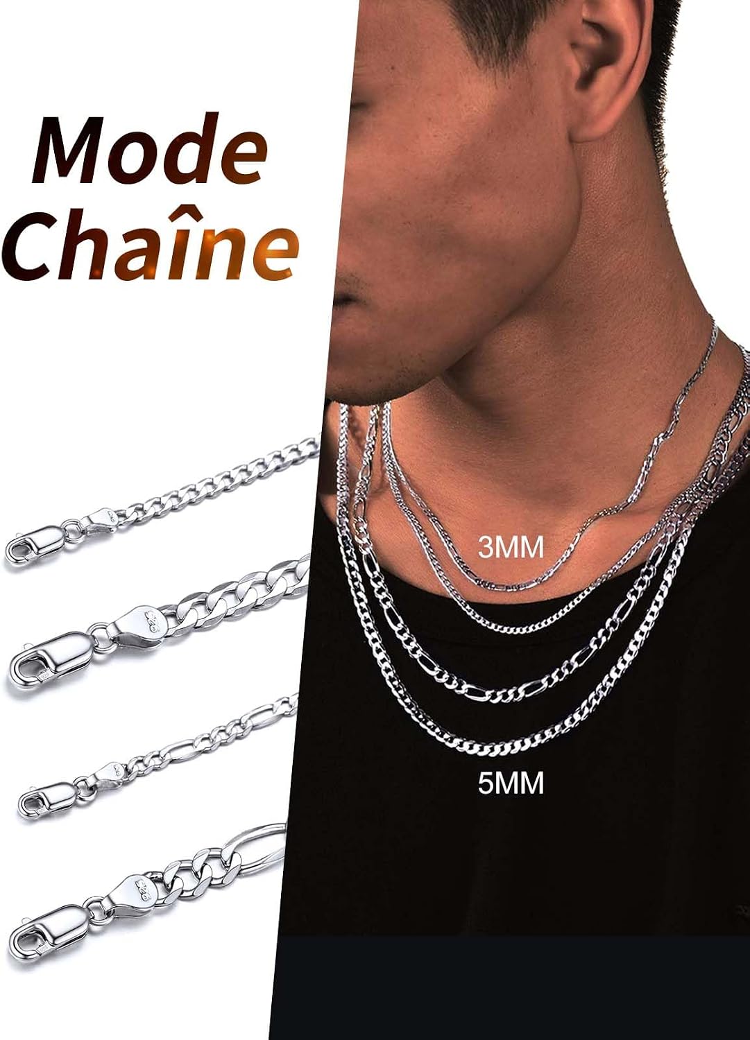 Detalle 2 de Silvora collier argent massif 925 3 mm