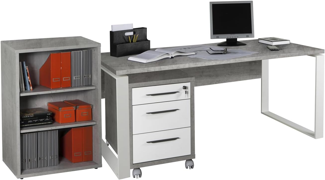 Detalle de Composad Scrivania, Cassettiera e Libreria Bassa – Linea Disegno, Grigio Cemento e Bianco Laccato