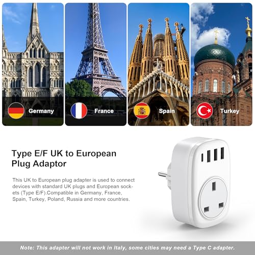 Detalle de Tusreda UK to EU Plug Adaptor (Type E/F) with USB-C and USB-A Ports