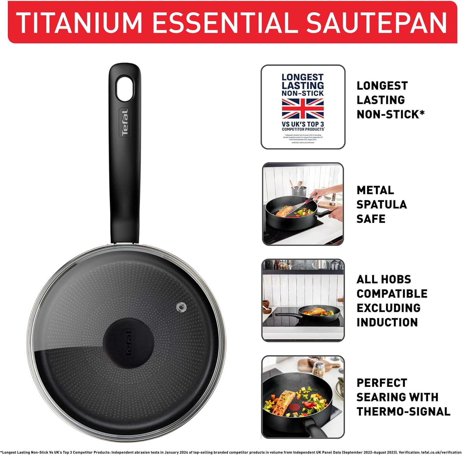 Thumbnail 2 de Tefal Titanium Essential Sauté pan 26 cm with lid (B9413344) – non-stick, metal-safe coating for gas, electric and ceramic hobs