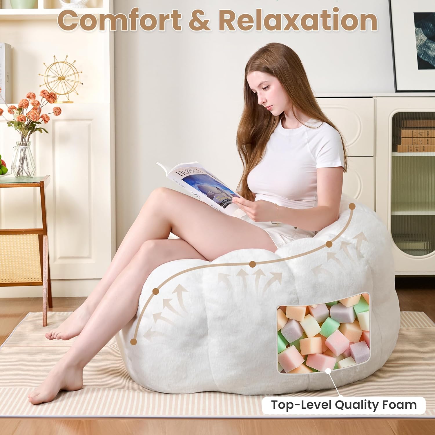 Thumbnail 6 de LinkRomat Petal Foam Pouf for Adults & Teens, Cozy Synthetic Faux Leather Beanbag Chair