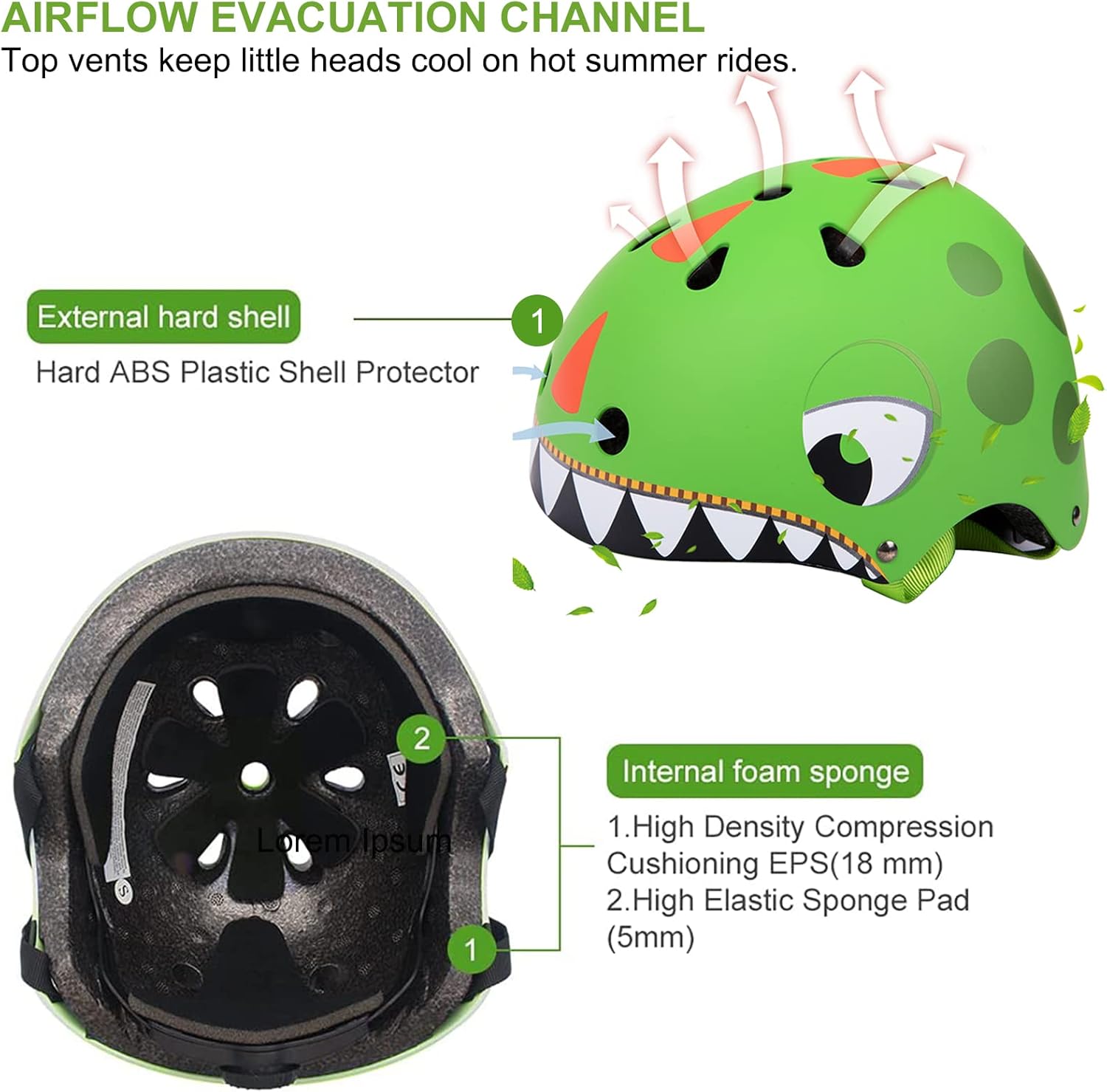 Thumbnail 3 de Kids bike helmet (2–8 years) with dinosaur design, lightweight ABS shell & adjustable fit