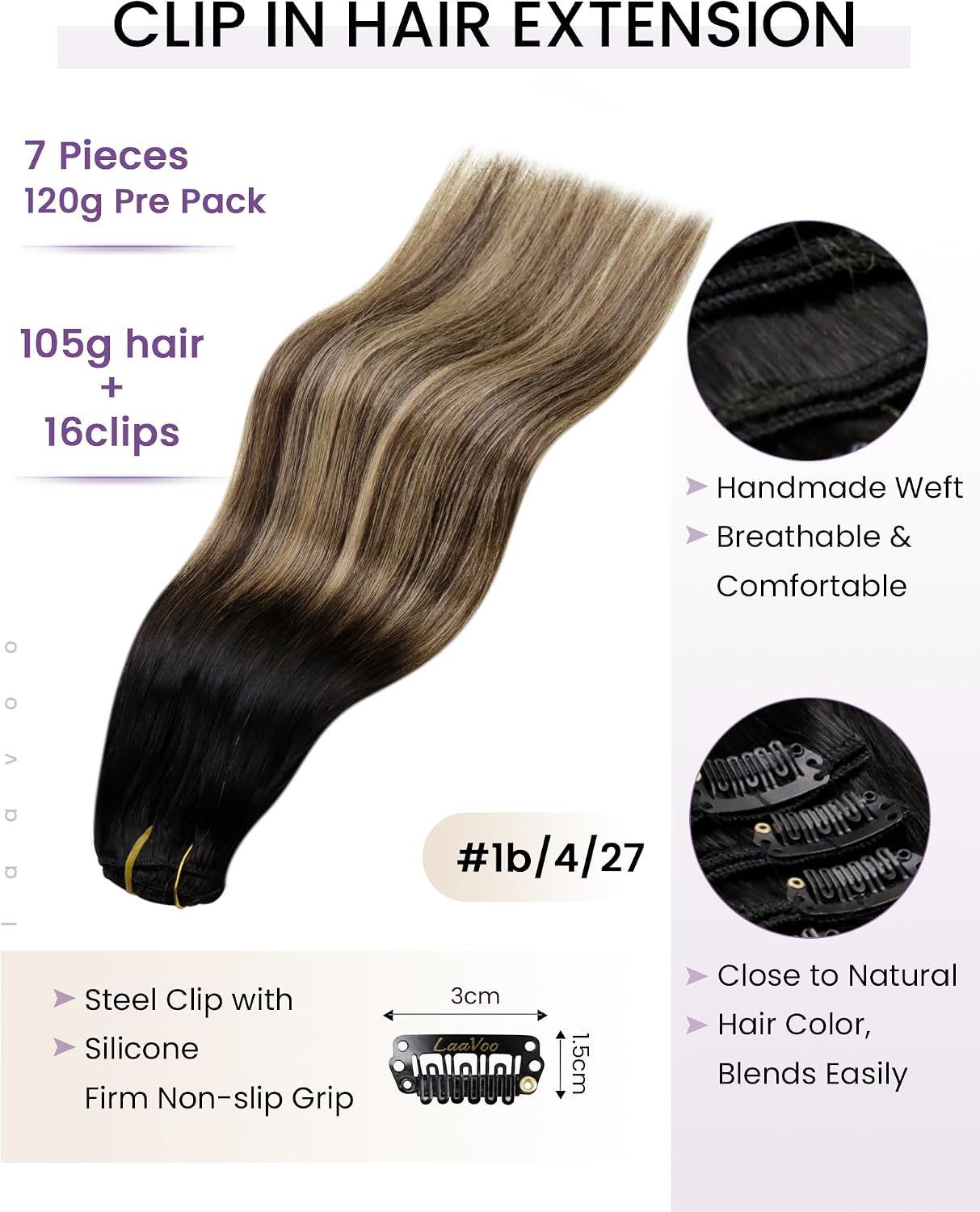 Detalle de LaaVoo clip-in extensions van echt haar, 30 cm, 80 g, balayage #1b/4/27