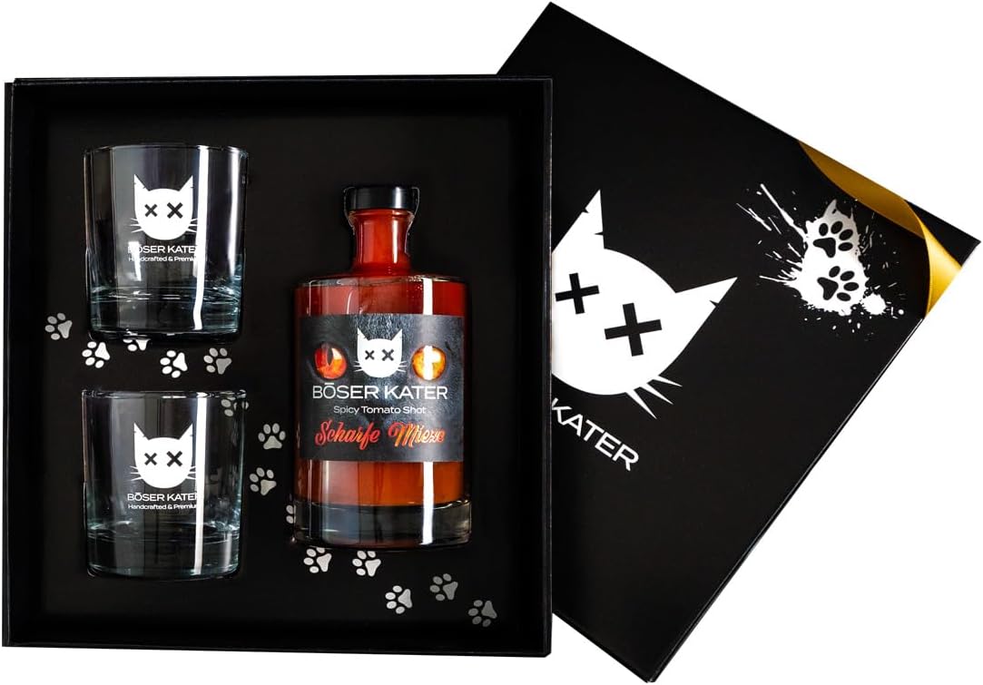 BÖSER KATER Scharfe Mieze Geschenkset – 2 Gläser, Tomaten-Shot, 0,5 l, 12,5% Vol