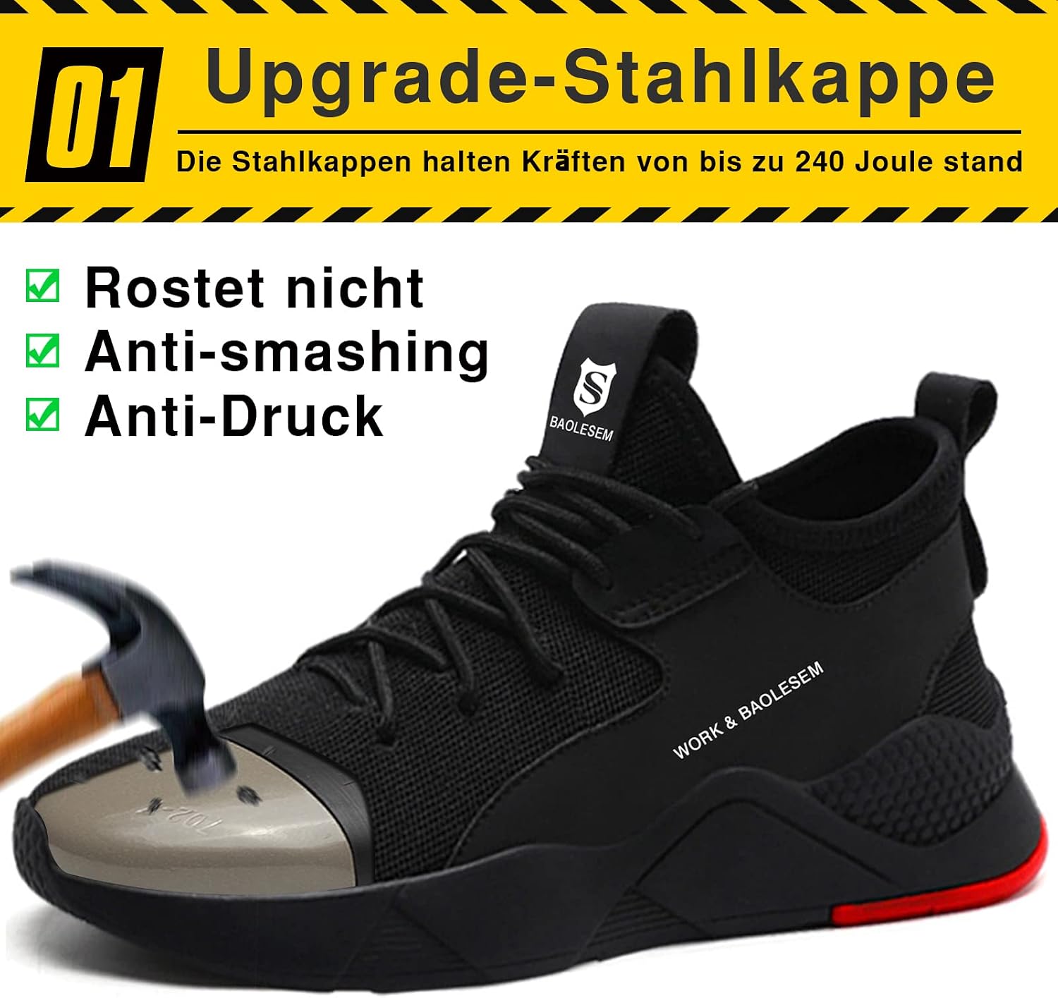 Thumbnail 3 de BAOLESEM Sicherheitsschuhe – leichte, atmungsaktive Sneaker mit Stahlkappe (Schwarz)