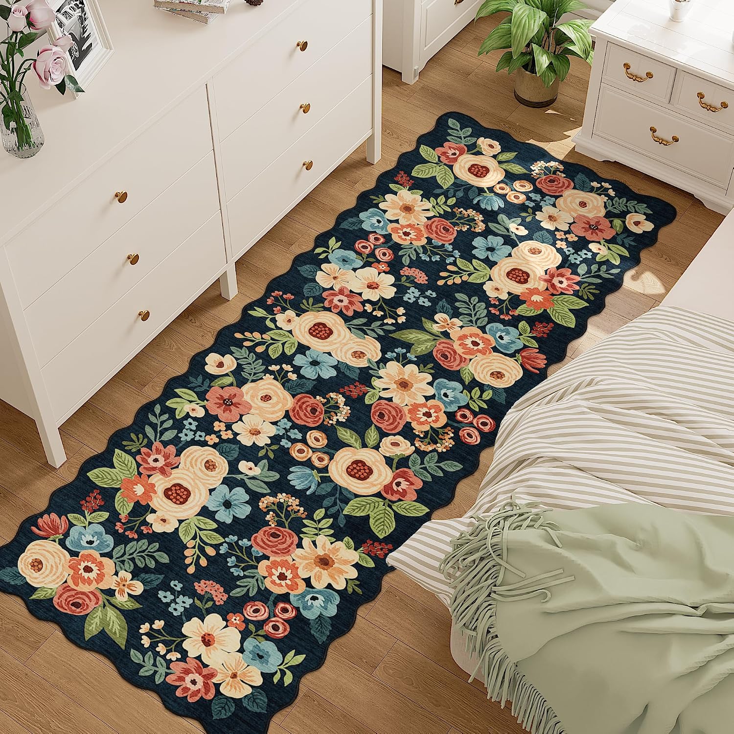 Detalle de DUKINO 2x10 Runner Rug for Hallway: Navy Blue, Non-Slip, Washable Floral Boho Style