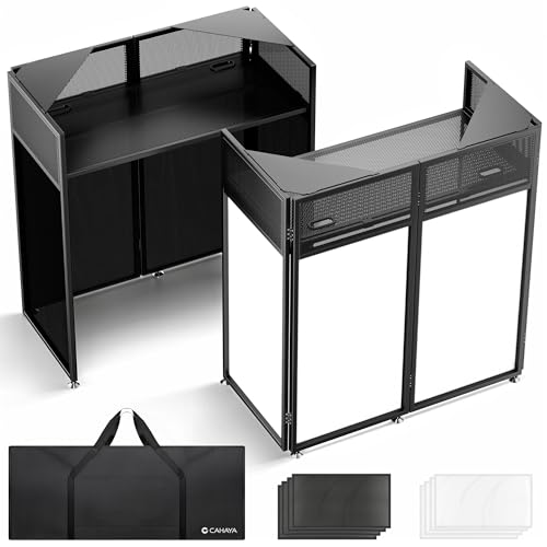 CAHAYA Cabina DJ Portátil – Mesa DJ Plegable con Esquinas Dobles y Pantallas de Iluminación